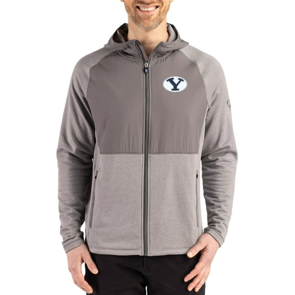 Men's Cutter & Buck Heather Gray BYU Cougars Peshastin Eco Fleece Recycled Raglan Full-Zip Tri-Blend Hybrid Jacket