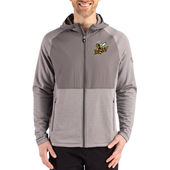Men's Cutter & Buck Heather Gray Baldwin Wallace Yellow Jackets Peshastin Eco Fleece Recycled Raglan Full-Zip Tri-Blend