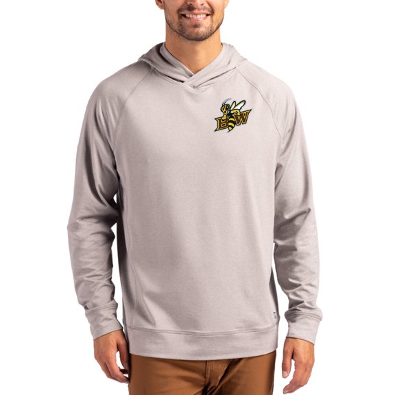 Men's Cutter & Buck Heather Gray Baldwin Wallace Yellow Jackets Primary Logo Adapt Knit Raglan Pullover Hoodie
