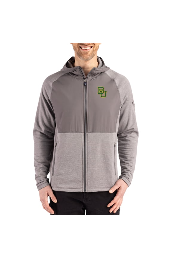 Men's Cutter & Buck Heather Gray Baylor Bears Peshastin Eco Fleece Recycled Raglan Full-Zip Tri-Blend Hybrid Jacket