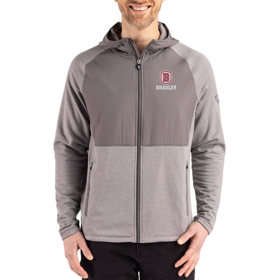 Men's Cutter & Buck Heather Gray Bradley Braves Peshastin Eco Fleece Recycled Raglan Full-Zip Tri-Blend Hybrid Jacket