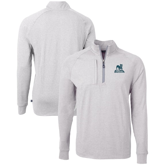 Men's Cutter & Buck Heather Gray Citadel Bulldogs Vault Adapt Eco Knit Heathered Recycled Raglan Quarter-Zip Top