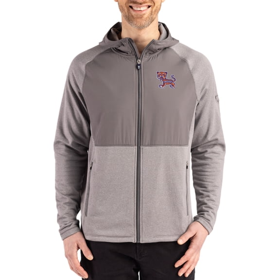 Men's Cutter & Buck Heather Gray Clemson Tigers Peshastin Eco Fleece Recycled Raglan Full-Zip Tri-Blend Hybrid Jacket