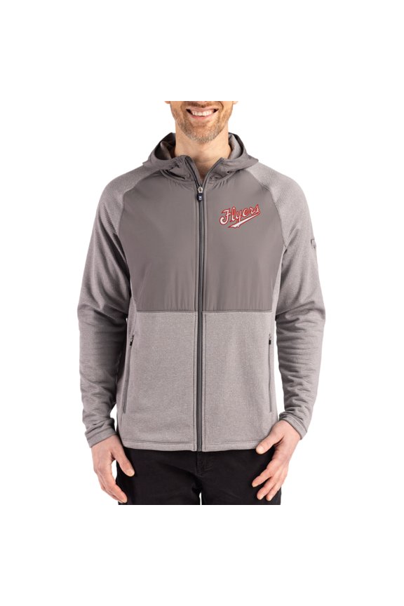 Men's Cutter & Buck Heather Gray Dayton Flyers Peshastin Eco Fleece Recycled Raglan Full-Zip Tri-Blend Hybrid Jacket