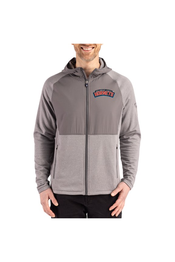 Men's Cutter & Buck Heather Gray Delaware State Hornets Peshastin Eco Fleece Recycled Raglan Full-Zip Tri-Blend Hybrid