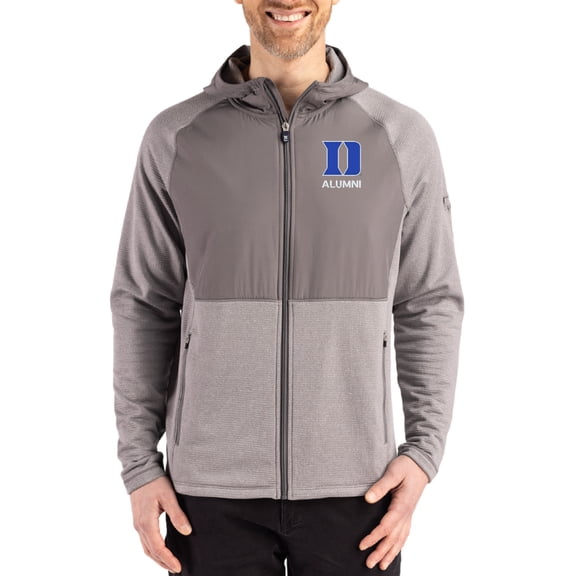 Men's Cutter & Buck Heather Gray Duke Blue Devils Peshastin Eco Fleece Recycled Raglan Full-Zip Tri-Blend Hybrid Jacket
