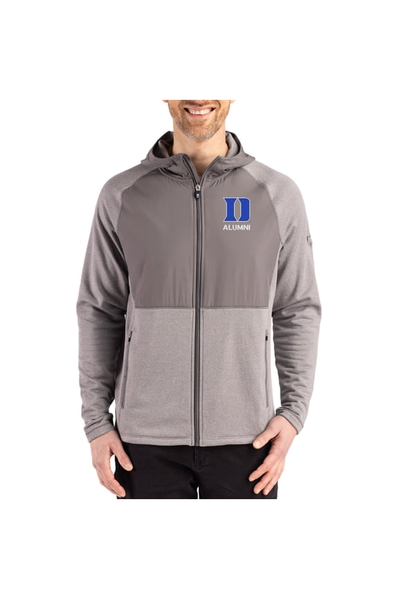 Men's Cutter & Buck Heather Gray Duke Blue Devils Peshastin Eco Fleece Recycled Raglan Full-Zip Tri-Blend Hybrid Jacket