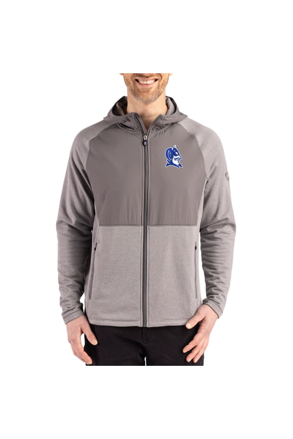 Men's Cutter & Buck Heather Gray Duke Blue Devils Peshastin Eco Fleece Recycled Raglan Full-Zip Tri-Blend Hybrid Jacket
