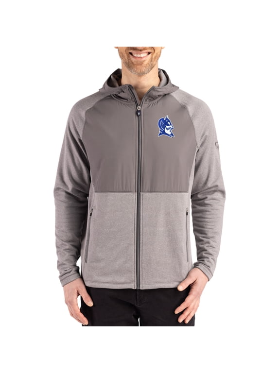 Men's Cutter & Buck Heather Gray Duke Blue Devils Peshastin Eco Fleece Recycled Raglan Full-Zip Tri-Blend Hybrid Jacket