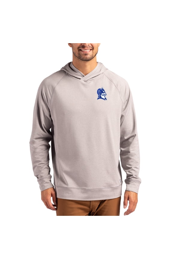Men's Cutter & Buck Heather Gray Duke Blue Devils Primary Logo Adapt Knit Raglan Pullover Hoodie