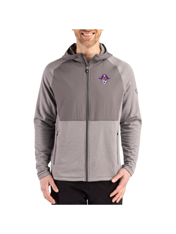 Men's Cutter & Buck Heather Gray ECU Pirates Peshastin Eco Fleece Recycled Raglan Full-Zip Tri-Blend Hybrid Jacket