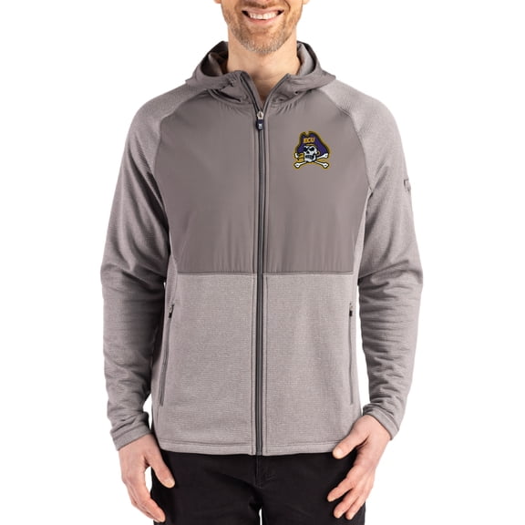Men's Cutter & Buck Heather Gray ECU Pirates Peshastin Eco Fleece Recycled Raglan Full-Zip Tri-Blend Hybrid Jacket