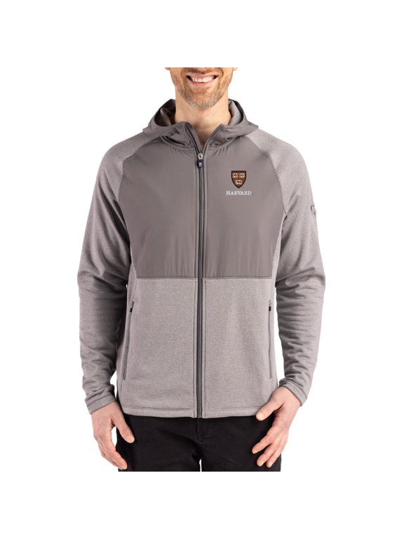 Men's Cutter & Buck Heather Gray Harvard Crimson Peshastin Eco Fleece Recycled Raglan Full-Zip Tri-Blend Hybrid Jacket