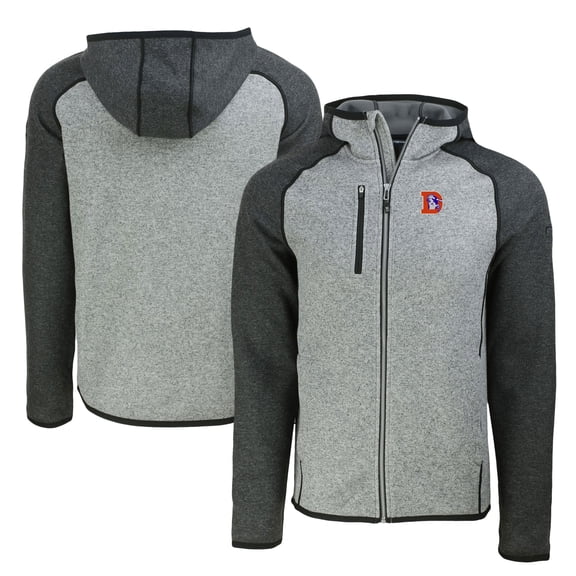 Men's Cutter & Buck  Heather Gray/Heather Charcoal Denver Broncos Throwback Mainsail Sweater-Knit Full-Zip Hoodie