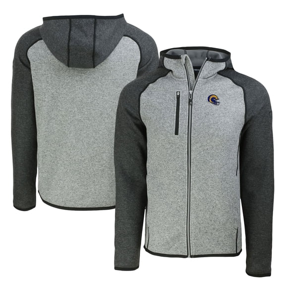 Men's Cutter & Buck Heather Gray/Heather Charcoal Los Angeles Rams Helmet Mainsail Sweater-Knit Full-Zip Hoodie