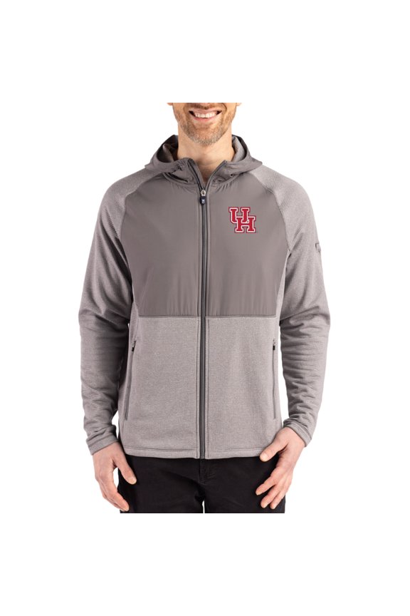Men's Cutter & Buck Heather Gray Houston Cougars Peshastin Eco Fleece Recycled Raglan Full-Zip Tri-Blend Hybrid Jacket