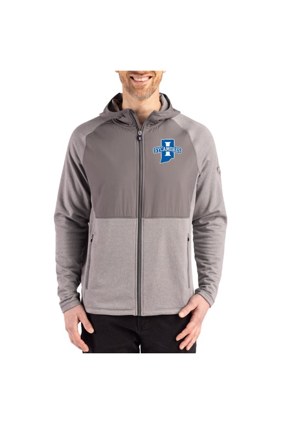 Men's Cutter & Buck Heather Gray Indiana State Sycamores Peshastin Eco Fleece Recycled Raglan Full-Zip Tri-Blend Hybrid