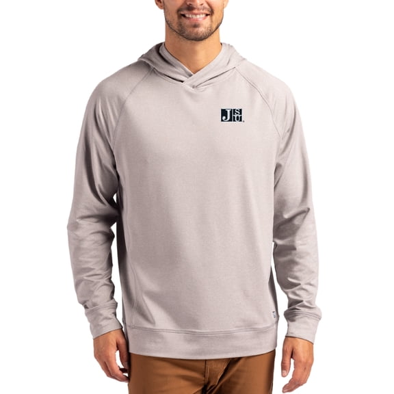 Men's Cutter & Buck Heather Gray Jackson State Tigers Primary Logo Adapt Knit Raglan Pullover Hoodie