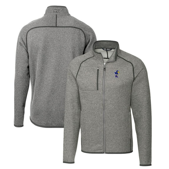Men's Cutter & Buck Heather Gray Kansas Jayhawks Mainsail Sweater-Knit Big & Tall Full-Zip Jacket
