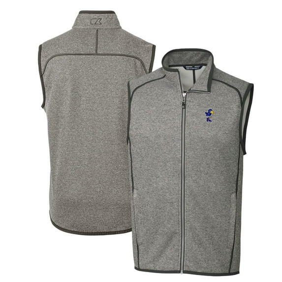 Men's Cutter & Buck Heather Gray Kansas Jayhawks Mainsail Sweater-Knit Big & Tall Full-Zip Vest