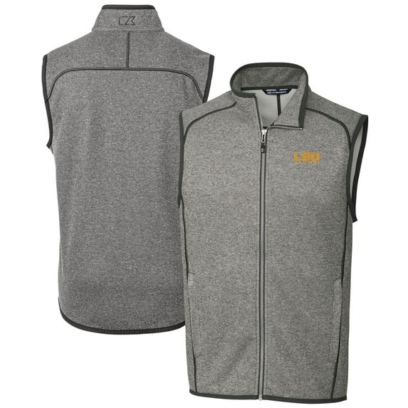 Men's Cutter & Buck Heather Gray LSU Tigers Alumni Logo Mainsail Sweater Knit Fleece Full-Zip Vest
