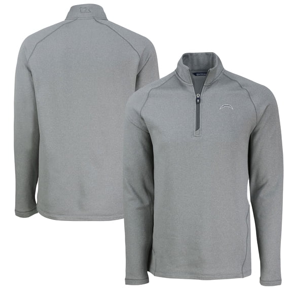 Men's Cutter & Buck  Heather Gray Los Angeles Chargers Peshastin Eco Fleece Tri-Blend Raglan Recycled Quarter-Zip Jacket