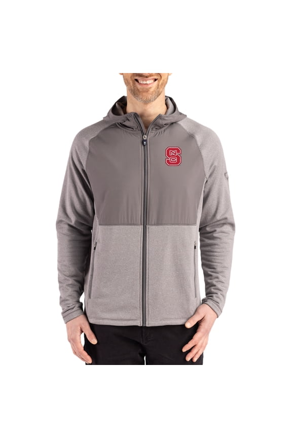 Men's Cutter & Buck Heather Gray NC State Wolfpack Peshastin Eco Fleece Recycled Raglan Full-Zip Tri-Blend Hybrid Jacket