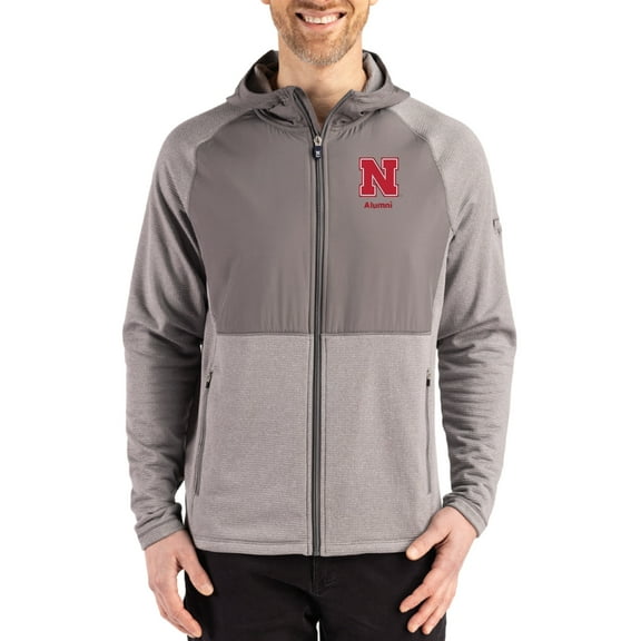 Men's Cutter & Buck Heather Gray Nebraska Huskers Peshastin Eco Fleece Recycled Raglan Full-Zip Tri-Blend Hybrid Jacket