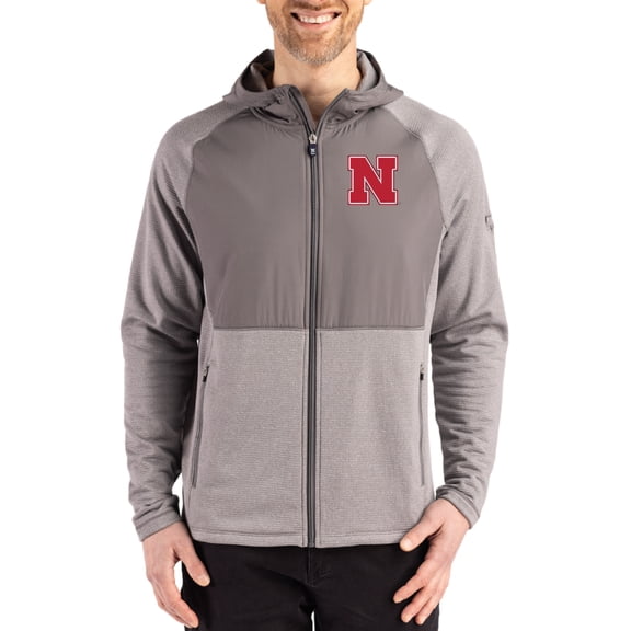 Men's Cutter & Buck Heather Gray Nebraska Huskers Peshastin Eco Fleece Recycled Raglan Full-Zip Tri-Blend Hybrid Jacket