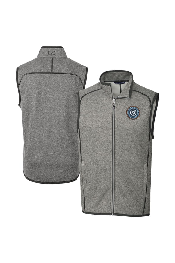 Men's-Cutter & Buck Heather Gray New York City FC Big & Tall Mainsail Sweater-Knit Full-Zip Vest