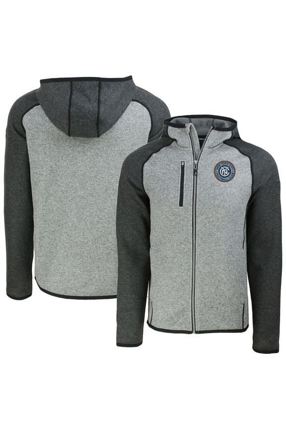 Men's-Cutter & Buck Heather Gray New York City FC Mainsail Full-Zip Hooded Jacket