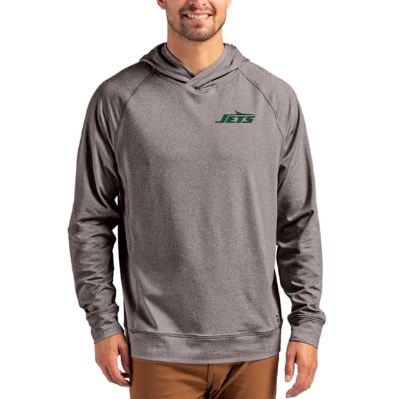 Men's Cutter & Buck Heather Gray New York Jets Adapt Knit Recycled Raglan Pullover Hoodie