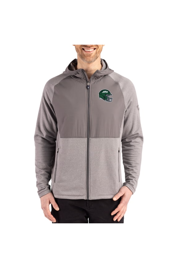 Men's Cutter & Buck Heather Gray New York Jets Peshastin Eco Fleece Recycled Raglan Full-Zip Tri-Blend Hybrid Jacket