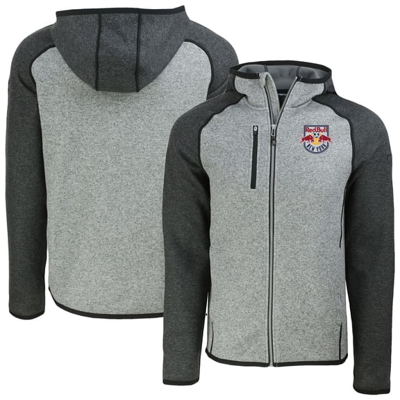 Men's-Cutter & Buck Heather Gray New York Red Bulls Mainsail Raglan Full-Zip Hooded Jacket