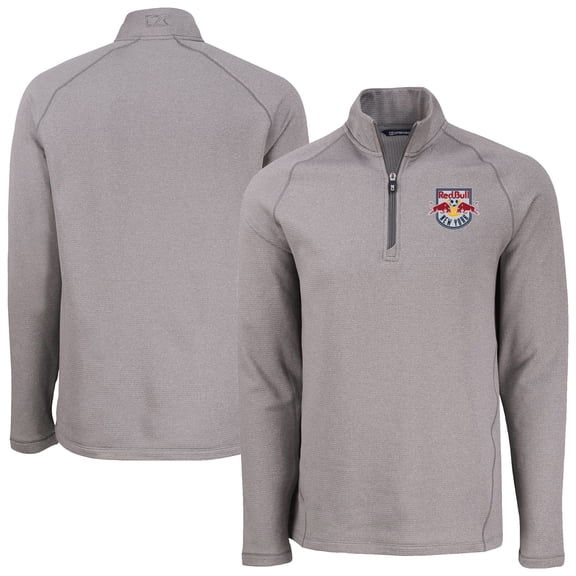Men's-Cutter & Buck Heather Gray New York Red Bulls Peshastin Eco Fleece Recycled Raglan Half-Zip Top