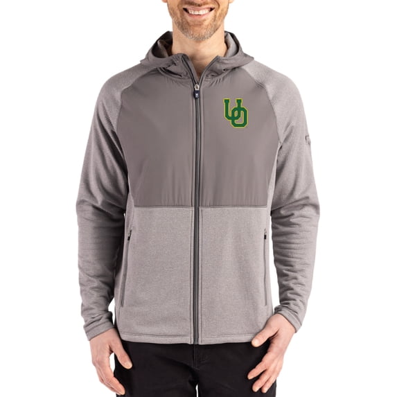 Men's Cutter & Buck Heather Gray Oregon Ducks Peshastin Eco Fleece Recycled Raglan Full-Zip Tri-Blend Hybrid Jacket