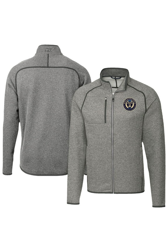 Men's-Cutter & Buck Heather Gray Philadelphia Union Mainsail Sweater-Knit Full-Zip Jacket