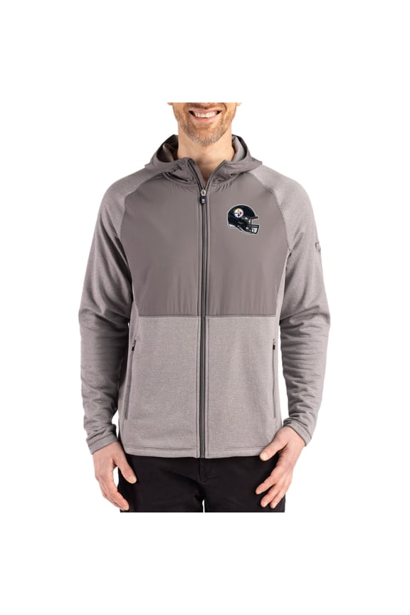 Men's Cutter & Buck Heather Gray Pittsburgh Steelers Peshastin Eco Fleece Recycled Raglan Full-Zip Tri-Blend Hybrid
