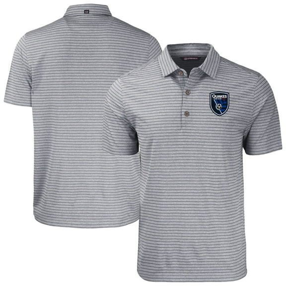Men's-Cutter & Buck Heather Gray San Jose Earthquakes Forge Eco Heather Stripe Stretch Recycled Polo