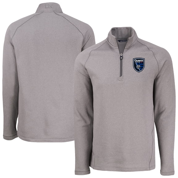Men's-Cutter & Buck Heather Gray San Jose Earthquakes Peshastin Eco Fleece Recycled Raglan Half-Zip Top