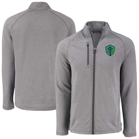 Men's-Cutter & Buck Heather Gray Seattle Sounders FC Peshastin Eco Fleece Recycled Raglan Full-Zip Jacket