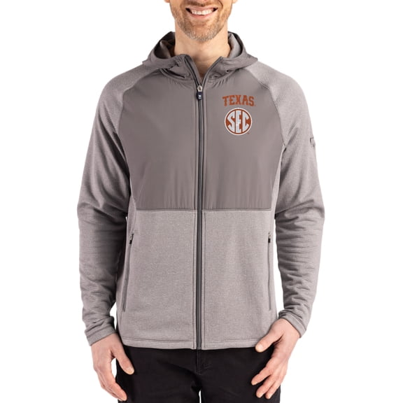 Men's Cutter & Buck Heather Gray Texas Longhorns Peshastin Eco Fleece Recycled Raglan Full-Zip Tri-Blend Hybrid Jacket