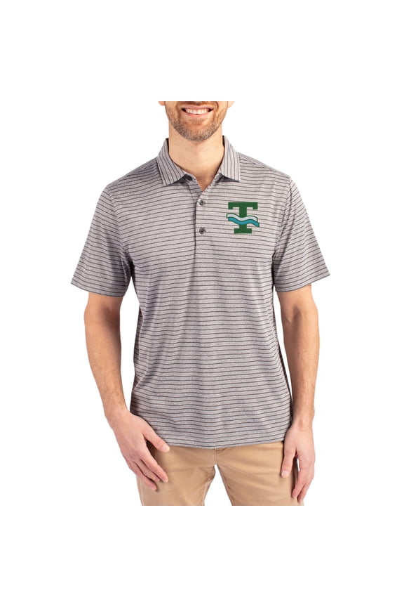 Men's Cutter & Buck Heather Gray Tulane Green Wave Forge Eco Heather Stripe Stretch Recycled Polo