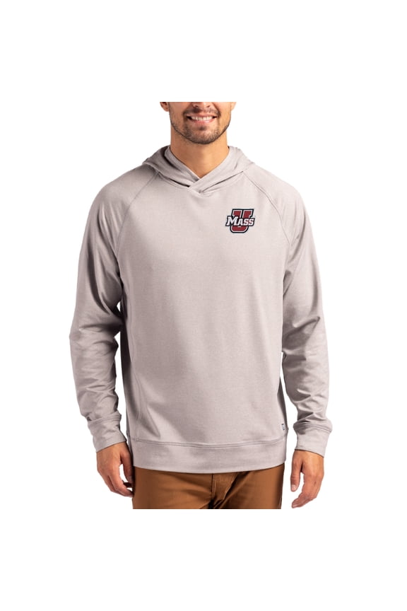 Men's Cutter & Buck Heather Gray UMass Minutemen Primary Logo Adapt Knit Raglan Pullover Hoodie