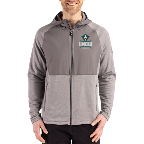 Men's Cutter & Buck Heather Gray UNC Wilmington Seahawks Peshastin Eco Fleece Recycled Raglan Full-Zip Tri-Blend Hybrid