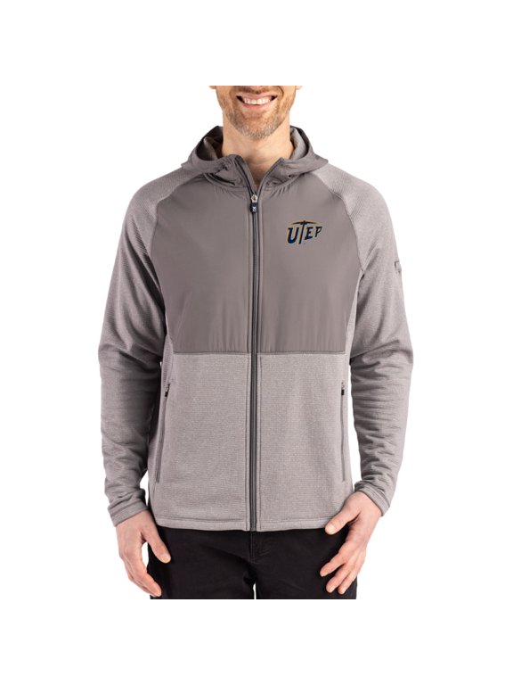 Men's Cutter & Buck Heather Gray UTEP Miners Peshastin Eco Fleece Recycled Raglan Full-Zip Tri-Blend Hybrid Jacket