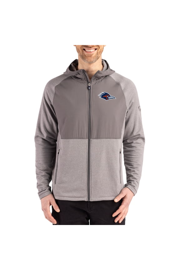 Men's Cutter & Buck Heather Gray UTSA Roadrunners Peshastin Eco Fleece Recycled Raglan Full-Zip Tri-Blend Hybrid Jacket