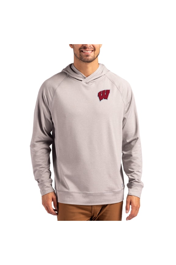 Men's Cutter & Buck Heather Gray Wisconsin Badgers Primary Logo Adapt Knit Raglan Pullover Hoodie