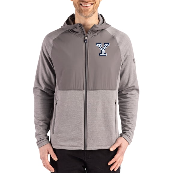 Men's Cutter & Buck Heather Gray Yale Bulldogs Peshastin Eco Fleece Recycled Raglan Full-Zip Tri-Blend Hybrid Jacket