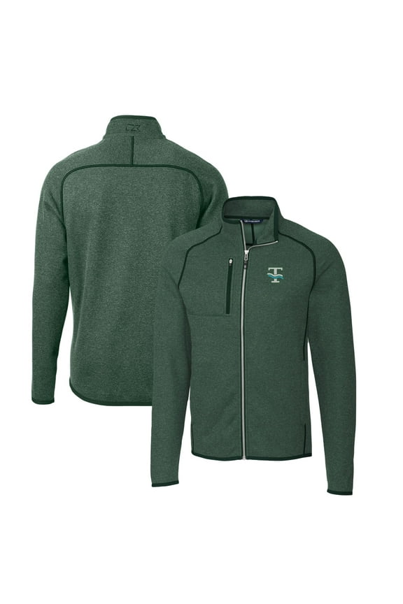 Men's Cutter & Buck Heather Green Tulane Green Wave Mainsail Sweater-Knit Full-Zip Jacket